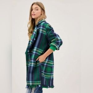 NWT Davi and Dani Plaid Fringe Trim Pocket Coat, Navy Multi, Size Medium